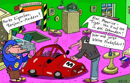 Cartoon: Marke (medium) by Leichnam tagged marke,eigenbau,benjamin,maddox,maurice,tiger,probefahrt,automobil,wohnung,durchrase,freunde,bastler