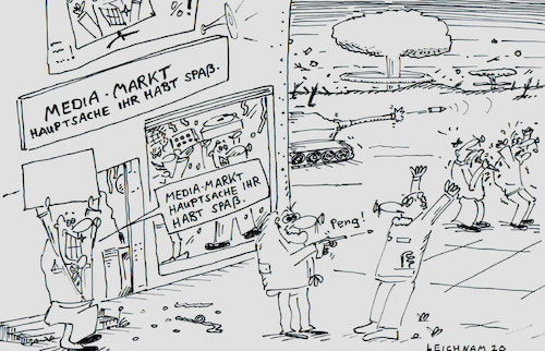 Cartoon: Markt (medium) by Leichnam tagged markt,elektronik,spaß,hauptsache,werbung,reklame,spruch,peng,gewalt,mord,totschlag,panzer,krieg,politik,leichnam,leichnamcartoon