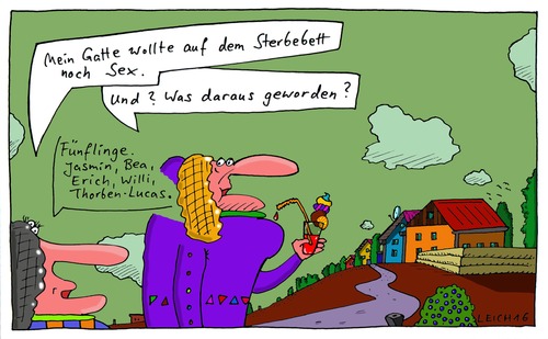 Cartoon: mein Gatte (medium) by Leichnam tagged mein,gatte,sterbebett,kinder,fünflinge,willi,erich,willen,freundinnen