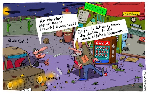 Cartoon: Mobiler Herr (medium) by Leichnam tagged mobil,auto,tankstelle,werkstatt,langeweile,ölwechsel,wechseljahre,leichnam,leichnamcartoon,meister,nacht