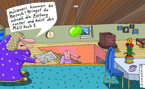 Cartoon: Münzners (medium) by Leichnam tagged münzners,besuch,zeitung,müll,runter,hoch,bitte,gatte,leichnam,leichnamcartoon