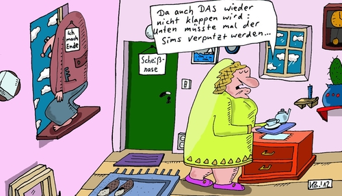 Cartoon: müsste mal ... (medium) by Leichnam tagged sims,selbstmord,suicid,verputzen,springen,fenster,ich,mach,ende,nicht,klappen,wird,scheißnase