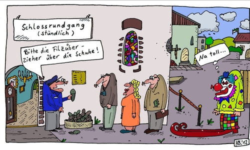 Cartoon: Museum (medium) by Leichnam tagged museum,schlossrundgang,filzlatschen,parkettschutz,na,toll,clown,clownsschuhe,überzieher,museumsführer
