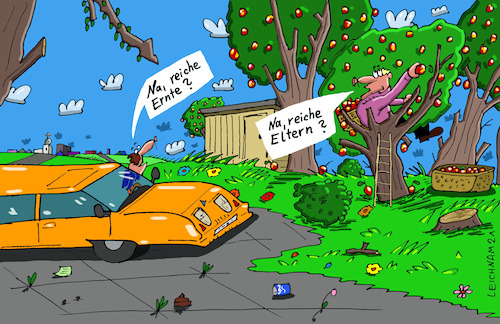 Cartoon: Na? (medium) by Leichnam tagged na,apfelernte,apfelbäume,eltern,sportwagen,leichnam,leichnamcartoon