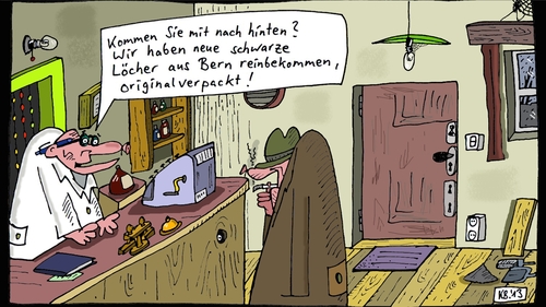 Cartoon: nach hinten (medium) by Leichnam tagged nach,hinten,schwarze,löcher,weltall,bern,reinbekommen,ware,verkauf,bückware,laden,krämer,originalverpackt,geheim