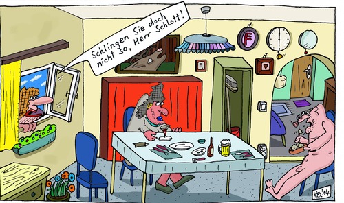 Cartoon: Nachbarschaft (medium) by Leichnam tagged nachbarschaft,nachbarin,glotzen,stieren,schauen,gucken,frech,unverschämt,herr,schlott,schlingen,gierig,speisen,essen,trinken,erbsen,bier,klöße,beobachtung,wohnzimmer