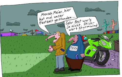 Cartoon: Nachbetrachtung (medium) by Leichnam tagged nachbetrachtung,leichnam,leichnamcartoon,festzelt,festplatz,sturm,orkan,weggeweht