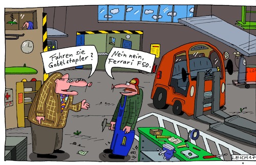 Cartoon: nachgefragt (medium) by Leichnam tagged nachgefragt,werkhalle,leichnamcartoon,gabelstapler,ferrari,f50,boss,chef,metallindustrie,stahlbau,werkstatt,firma,flurförderfahrzeug,nein,erlaubnis,staplerschein,arbeiter,werker,maloche,malocher,falsch,verstanden