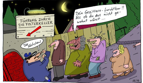 Cartoon: Nacht (medium) by Leichnam tagged nacht,führung,museum,folterkeller,schabracke,zittern,mond,sterne,furchtbar,gewöhnung,hinab,hinunter,blut,tod,mittelalter