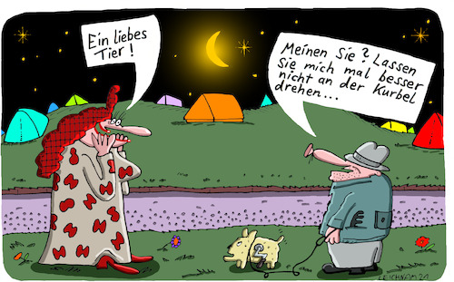 Cartoon: Nachtleben (medium) by Leichnam tagged nachtleben,hund,tier,lieb,kurbel,drehen,entzücken,zelte,mond,nacht,sterne,leichnam,leichnamcartoon