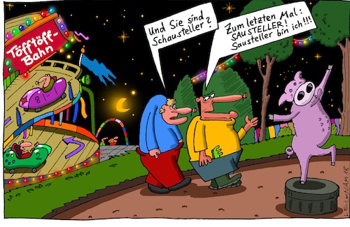 Cartoon: Nachts unterwegs (medium) by Leichnam tagged nacht,unterwegs,nachts,töfftöff,bahn,schausteller,attraktion,kirmes,kät,rummel,sausteller,sockel,skulptur,sau,genervt,ungehalten,leichnam,leichnamcartoon