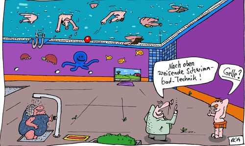 Cartoon: Neuheit (medium) by Leichnam tagged neuheit,unterm,dach,hallenbad,schwimmbad,plantschen,wasser,technik,nach,oben,weisend,gelle