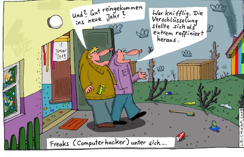 Cartoon: Neujahr (medium) by Leichnam tagged neujahr,reingekommen,2019,januar,kalender,silvester,feiertag,jahr,knifflig,verschlüsselung,extrem,raffiniert,leichnam,leichnamcartoon,computerhacker,hacker,freaks