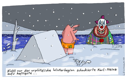 Cartoon: Nicht nur (medium) by Leichnam tagged nicht,nur,zelt,winterbeginn,winteranbruch,kalt,kälte,karl,heinz,killerclown,horrorclown,düster,grusel,bibbernd,leichnam,leichnamcartoon,freizeit,fluss,schnee,eis,besuch