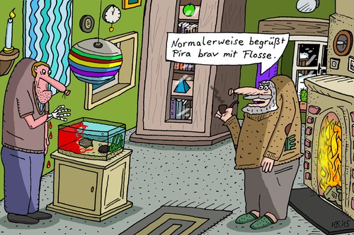 Cartoon: Normalerweise (medium) by Leichnam tagged normalerweise,pira,piranha,fisch,haustier,aqarium,flosse,begrüßung,gast,brav,böse,blut,knochen,splatter,verletzung,wunde