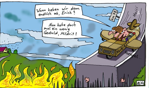 Cartoon: Nucki 1 (medium) by Leichnam tagged nucki,abheben,marke,eigenbau,fluggerät,flugzeug,erich,mildrit,leichnamcartoon,rampe,huiii,rumpel,feuer,und,flamme,spieße,in,die,lüfte,hoffnung,stirbt,zuletzt,ehe