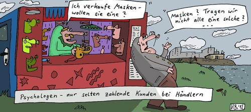 Cartoon: nur selten (medium) by Leichnam tagged nur,selten,psychologen,masken,tragen,verkauf,bude,sinnierung,philosophie,geschäft