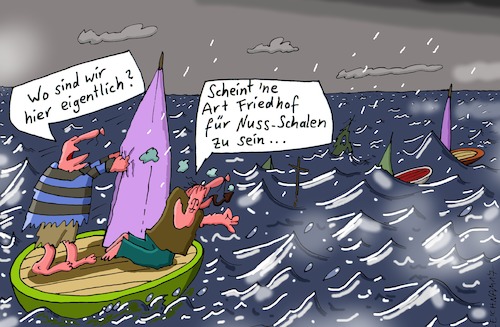 Cartoon: Ohne Orientierung (medium) by Leichnam tagged ohne,orientierung,meer,ozean,nussschale,boot,segel,friedhof,schein,auf,hoher,see,wo,sind,wir