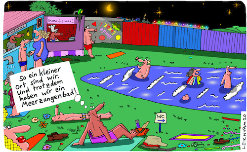 Cartoon: Ort (medium) by Leichnam tagged ort,meerzunge,schwimmbad,freibad,badegäste,lichterkette,planschen,wasser,schwimmen,liegewiese,leichnam,leichnamcartoon,mond,sterne,freizeit