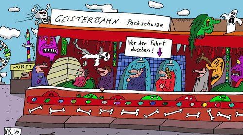 Cartoon: Packschulze (medium) by Leichnam tagged packschulze,geisterbahn,schausteller,rummelplatz,kirmes,anweisung,gespensterbahn,dusche,duschen,fahrgeschäft,vergnügungspark