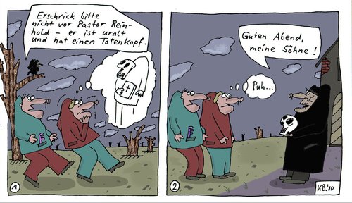 Cartoon: Pastor Reinhold (medium) by Leichnam tagged pastor,reinhold,weg,abend,totenkopf,kirche,erschrecken,besucher,leichnam,puh