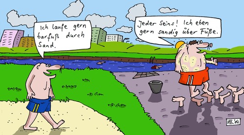 Cartoon: Persönliche Marotten (medium) by Leichnam tagged wasser,freizeit,hitze,urlaub,sonne,sommer,seins,jeder,strand,sandig,barfuß,leidenschaften,eigenheiten,marotten,persönlich