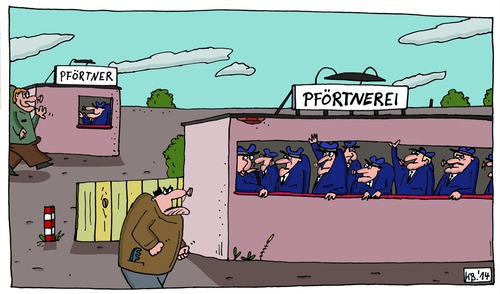 Cartoon: Pförtner (medium) by Leichnam tagged beobachten,starren,einlass,eingang,pförtnerei,pförtner,kontrolle,unter,verärgerung,erleichterung