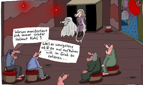 Cartoon: Phänomen (medium) by Leichnam tagged phänomen,sitzung,sitzer,ektoplasma,manifestation,teilmaterialisation,spiritismus,grab,rotation,helmut,kohl,bundeskanzler,leichnam,leichnamcartoon