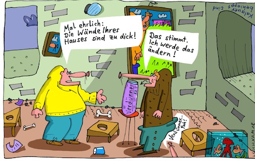 Cartoon: Problemlösung (medium) by Leichnam tagged problemlösung,wände,verdünner,änderung,abstellung,pragmatiker,leichnam,leichnamcartoon,blödsinn