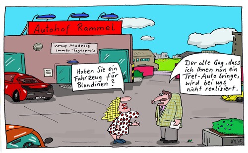 Cartoon: Rammel (medium) by Leichnam tagged autohof,rammel,fahrzeug,autos,blondine,verkäufer,tretauto,gag,alt