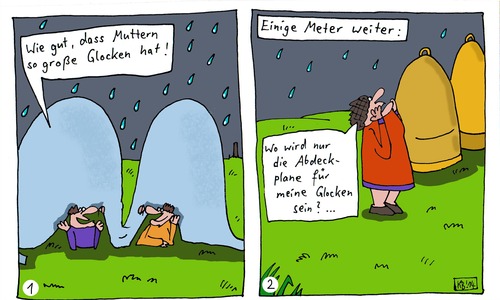 Cartoon: Regenwetter (medium) by Leichnam tagged regenwetter,glocken,abdeckplane,mutter,söhne,brüder,schutz,nässe,feuchtigkeit,freche,jungs