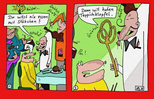 Cartoon: Restaurant (medium) by Leichnam tagged restaurant,china,stäbchen,essen,trinken,speisen,ambiente,tischmusiker,teppichklopfer,poc,quietsch,kratz,nix,knister,leichnam