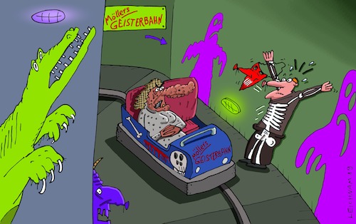 Cartoon: Rummelplatz 2 (medium) by Leichnam tagged rummel,rummelplatz,geisterbahn,schausteller,erschrecker,maske,leichnam,leichnamcartoon