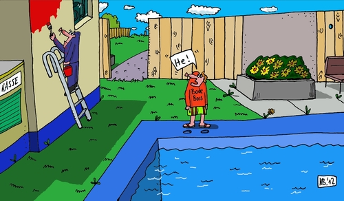 Cartoon: Saisonvorbereitungen (medium) by Leichnam tagged saisonvorbereitungen,he,leiter,klau,frechheit,zweckentfremdung,freibad,schwimmbad,farbe,maler,anstreichen,rot