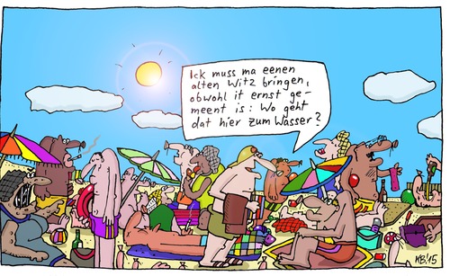 Cartoon: Sandstrand (medium) by Leichnam tagged sandstrand,sommer,sonne,hitze,freizeit,urlaub,wasser,plantschen,suche,nachfrage,alter,witz,badesee