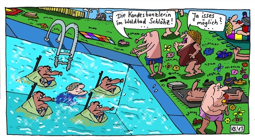 Cartoon: Schlöhz (medium) by Leichnam tagged schlöhz,bundeskanzlerin,waldbad,ja,isses,möglich,sommer,sonne,freibad,hitze,kühles,nass,baden,plantschen,sicherheitskräfte,security,waffen,personenschutz