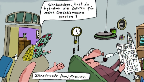 Cartoon: Schnäuzchen (medium) by Leichnam tagged schnäuzchen,leichnam,zutaten,gurke,tomate,schönheitspackung,kur,maske,gesicht,verschwunden,suche,zerstreut,hausfrau