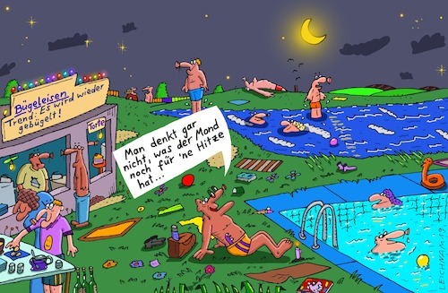 Cartoon: Schön! (medium) by Leichnam tagged schön,leichnam,leichnamcartoon,mond,hitze,freibad,strand,meer,bügeleisen,torte