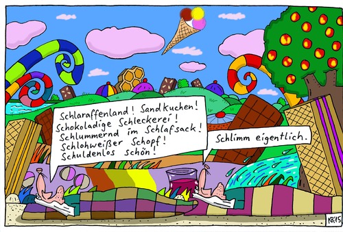 Cartoon: schönes Land (medium) by Leichnam tagged schlaraffenland,milch,und,honig,süßigkeiten,kostenlos,paradies,schlafsack,schlohweiß,schopf,sandkuchen,zuckerstangen,schokolade,landschaft,märchen,fantasie