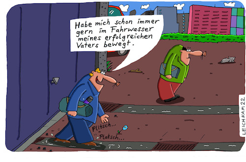 Cartoon: schon immer (medium) by Leichnam tagged immer,fahrwasser,garage,reifenspuren,wasser,bewegung,sohn,plitsch,platsch,leichnam,leichnamcartoon