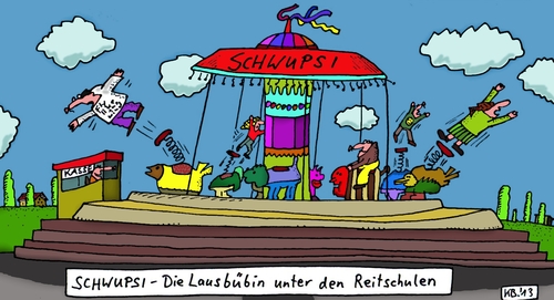 Cartoon: SCHWUPSI (medium) by Leichnam tagged schwupsi,reitschule,lausbub,rummelplatz,schausteller,schleudersitz,sprungfeder