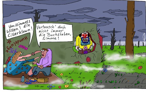 Cartoon: Simone (medium) by Leichnam tagged simone,wald,einsame,gegend,picknick,horrorclown,killerclown,grusel,düster,buchstaben,verwechseln,sprechblase,hinweis,aufforderung