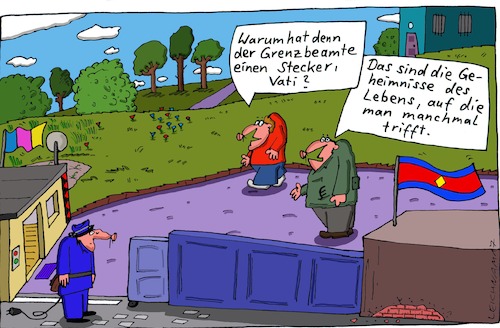 Cartoon: So isses (medium) by Leichnam tagged so,isses,grenze,grenzbeamter,beamter,grenzanlage,grenzhäuschen,stecker,elektrizität,geheimnisse,leben,vater,sohn,vati,treffen,aufeinandertreffen,leichnam,leichnamcartoon,ländergrenze,staatsgrenze,übergang,hoheitsgebiet,zu,fuß