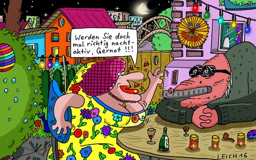 Cartoon: spät geworden (medium) by Leichnam tagged spät,geworden,gernot,nacht,vorgarten,nachtaktiv,anschmachten,liebe,liebelei,aufforderung,wunsch,rollig