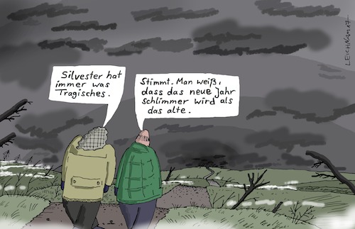 Cartoon: Spaziergang (medium) by Leichnam tagged spaziergang,silvester,jahresende,absterben,tot,tod,beklemmung,nebel,grausamkeit,schlimm,schlimmer,düsterer,dunkler,dunkelheit,finsternis,leichnam,leichnamcartoon