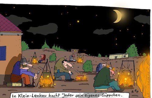 Cartoon: Speise (medium) by Leichnam tagged speise,kochstelle,lagerfeuer,suppe,süppchen,lenkau,leichnam,leichnamcartoon,essen