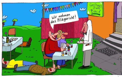 Cartoon: Speisekarte (medium) by Leichnam tagged speisekarte,pilze,pilgericht,gift,essen,speise,trank,gasthaus,gastwirtschaft,zum,bock,leichnam,kellner,ober,leichnamcartoon