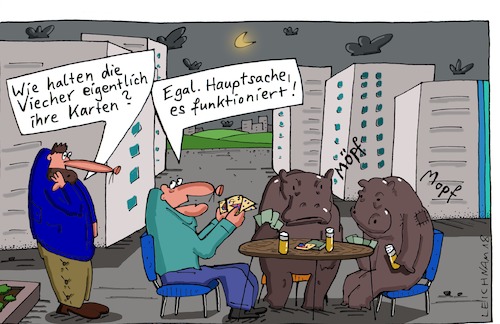 Cartoon: spielen (medium) by Leichnam tagged spielen,viecher,tiere,flusspferde,nilpferde,karten,skat,bier,egal,hauptsache,stadt,nacht,mond,frage,unbegreiflich,pfoten,hände,mopf,möpf,leichnam,leichnamcartoon