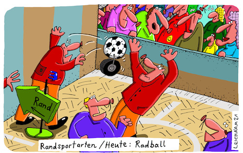 Cartoon: Sport (medium) by Leichnam tagged sport,randsportarten,leichnam,leichnamcartoon,radball,rand,ballsport,spielfeld,parkett,zuschauer,bande,bewegung,fitness,freude