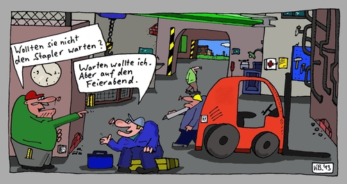 Cartoon: Stapler (medium) by Leichnam tagged gabelstapler,stapler,werkhalle,maloche,arbeitswelt,warten,wartung,pflege,reparatur,feierabend,schichtleiter,vorarbeiter,worker,fachpersonal